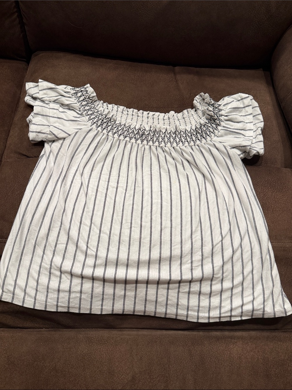Striped Off-Shoulder Smocked Women's Top - White with Navy Stripes